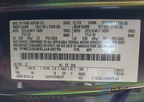 2020 Ford Escape Se from USA, damaged, VIN 1FMCU0G65LUA38750